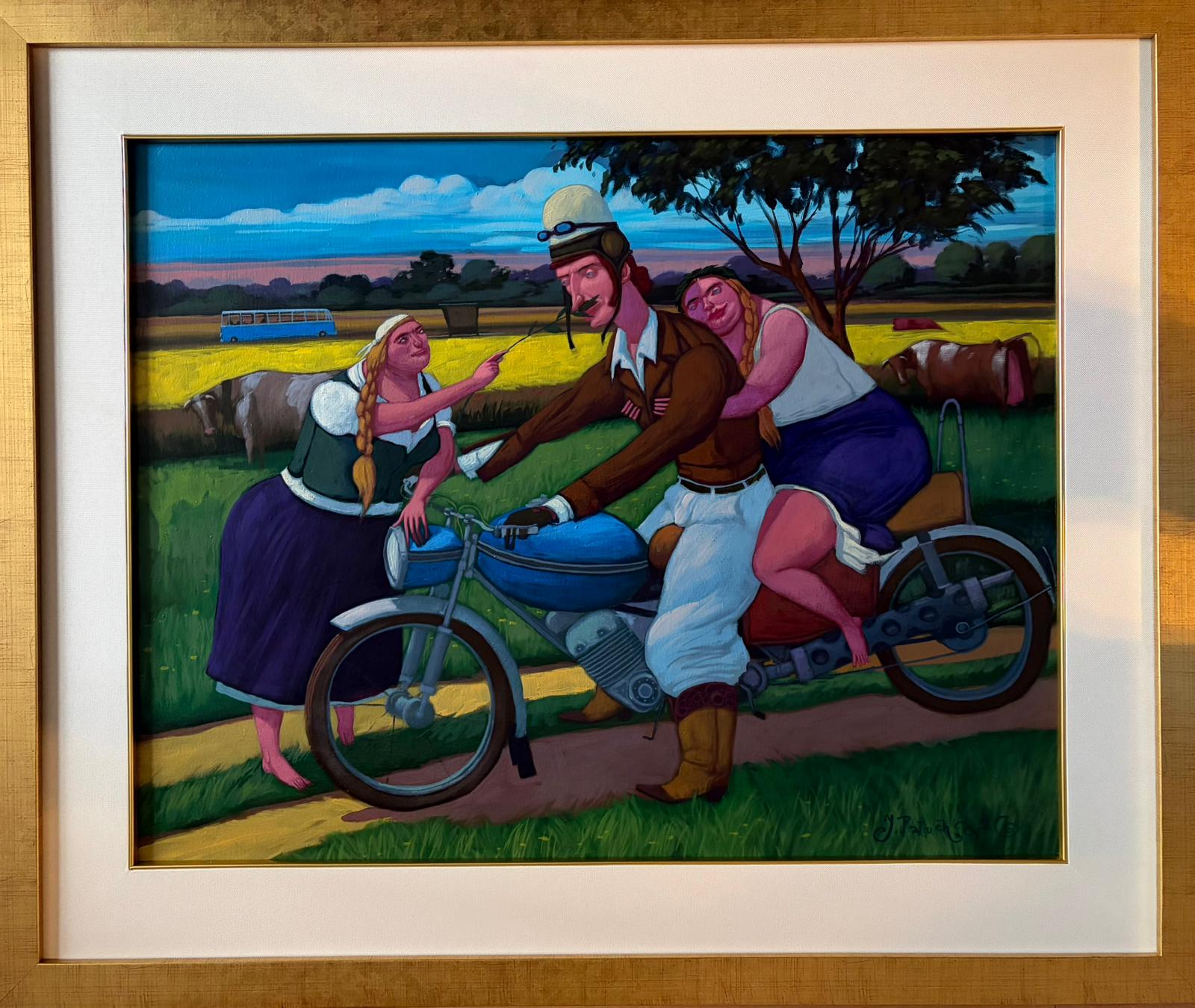 JACEK PAŁUCHA 'Waldek, jeżdżąc po terenie spotyka fajne dziewczyny' olej, płótno 55x70cm
