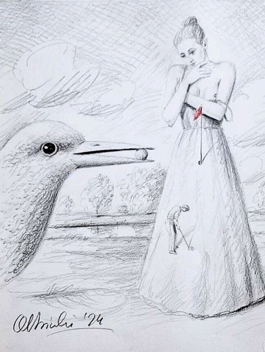 RAFAŁ OLBIŃSKI 'The 19th hole', ołówek, 50x40cm