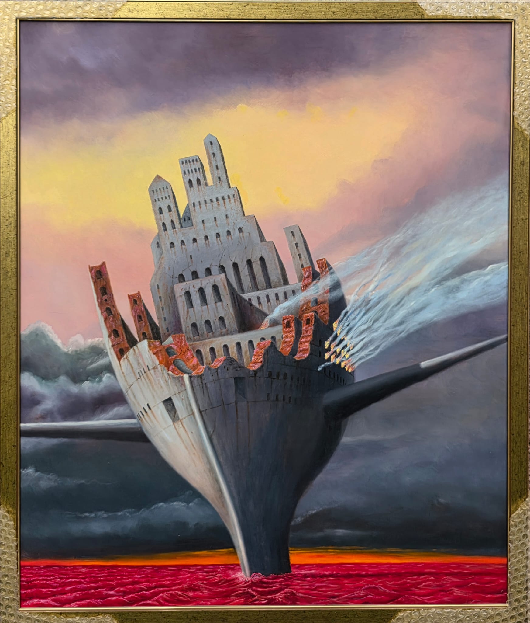 ANDRZEJ ŻURAŃSKI 'Arka w ogniu' olej, płyta, 87x73cm