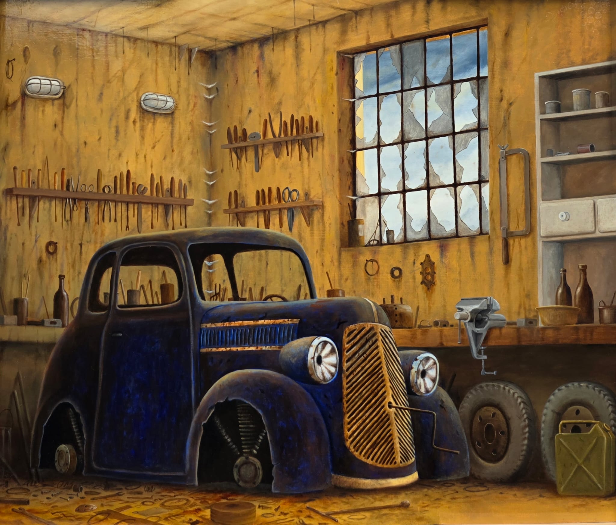 ANDRZEJ ŻURAŃSKI 'Trup w garażu' olej, płyta, 73x87cm