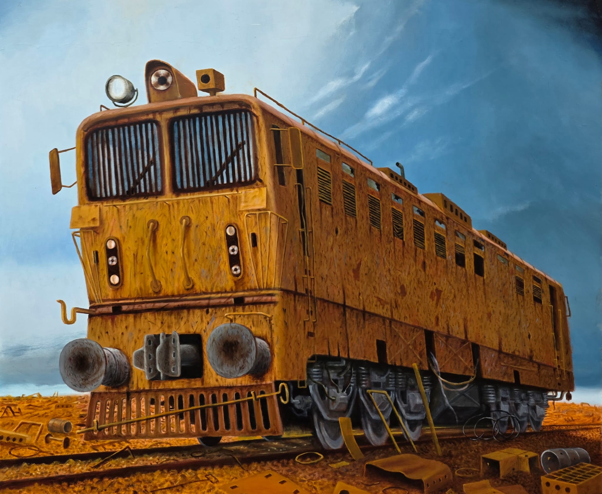 ANDRZEJ ŻURAŃSKI 'Zapomniana lokomotywa' olej, płyta, 73x87cm