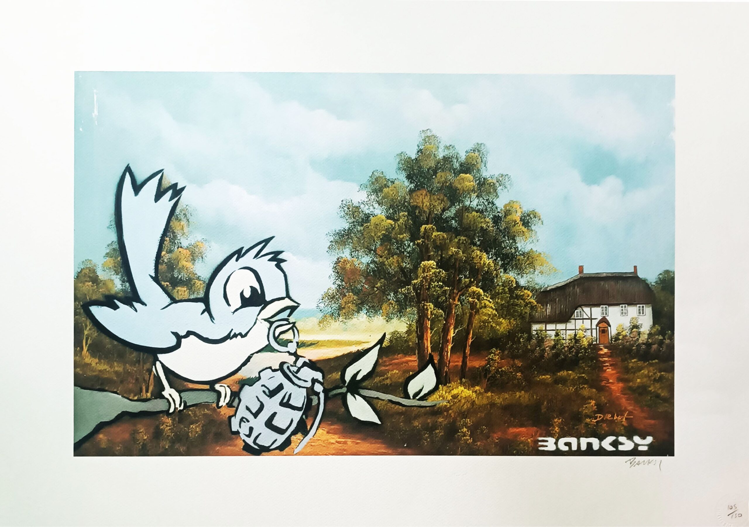 BANKSY, Ptak z granatem, litografia, papier welinowy, 59 x 40 cm