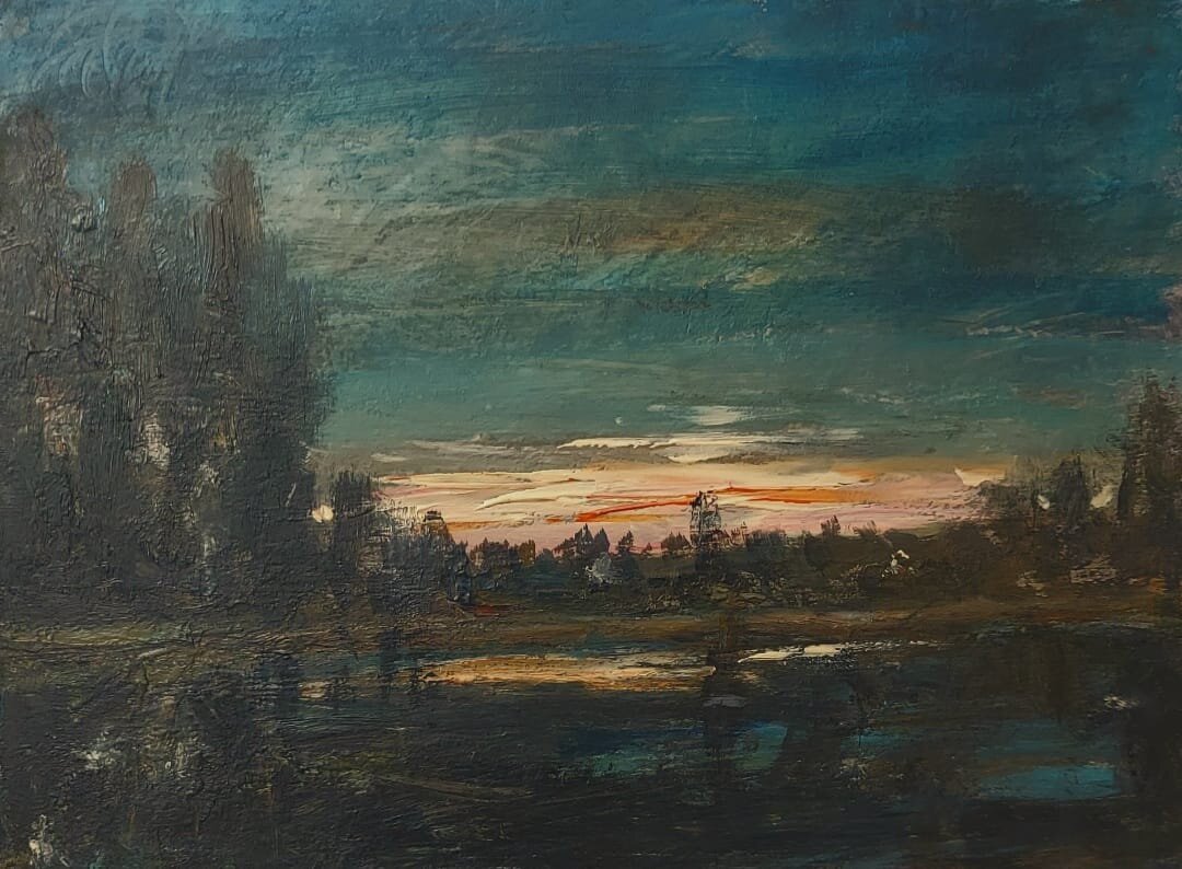 KRZYSZTOF GOCEK 'Zmierzch' olej, akryl, płyta, 18x24cm