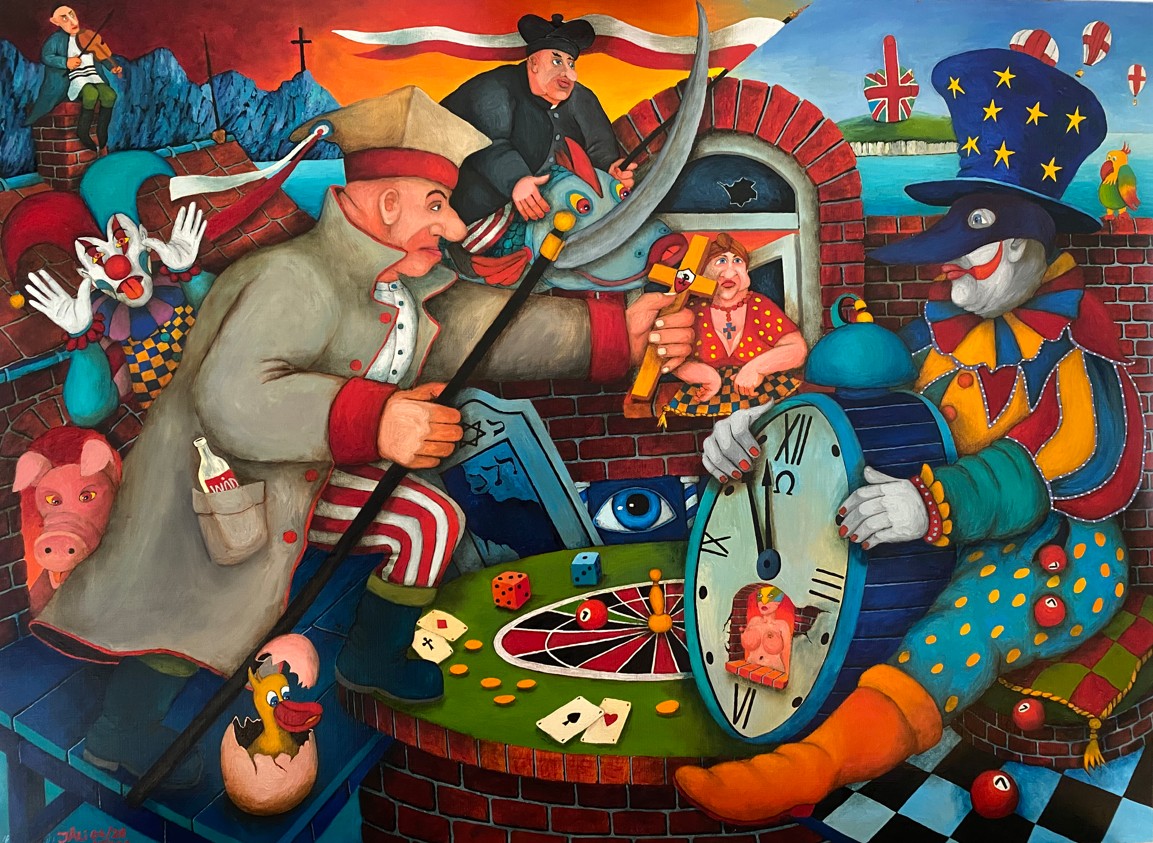 JACEK LIPOWCZAN 'Nie będzie UE w twarz nam pluła! Nas obronimy', olej, deska, 55x75cm