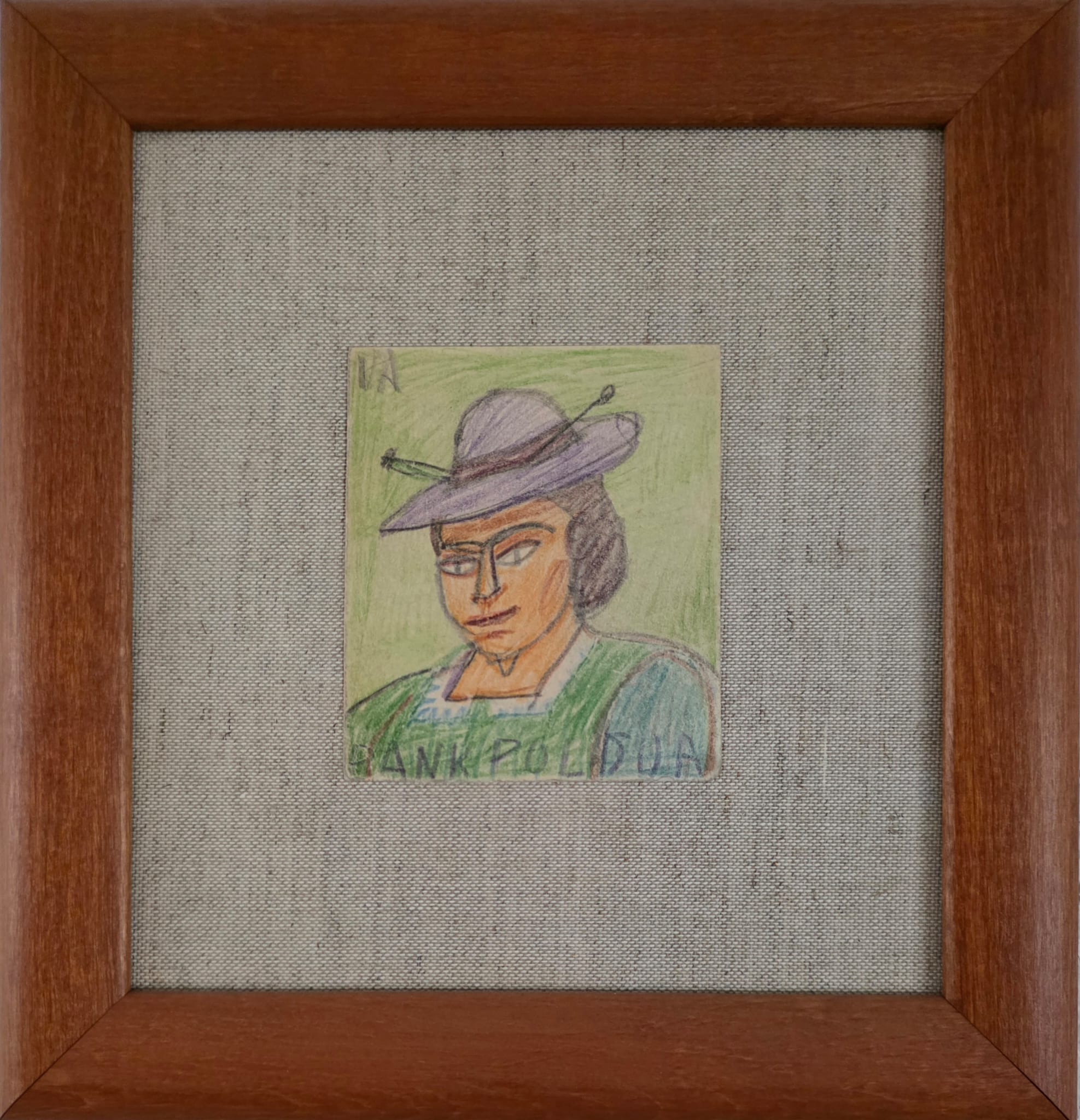NIKIFOR KRYNICKI - Portret Elegantki, lata 60-te, kredka, papier, 10,2x6,8cm
