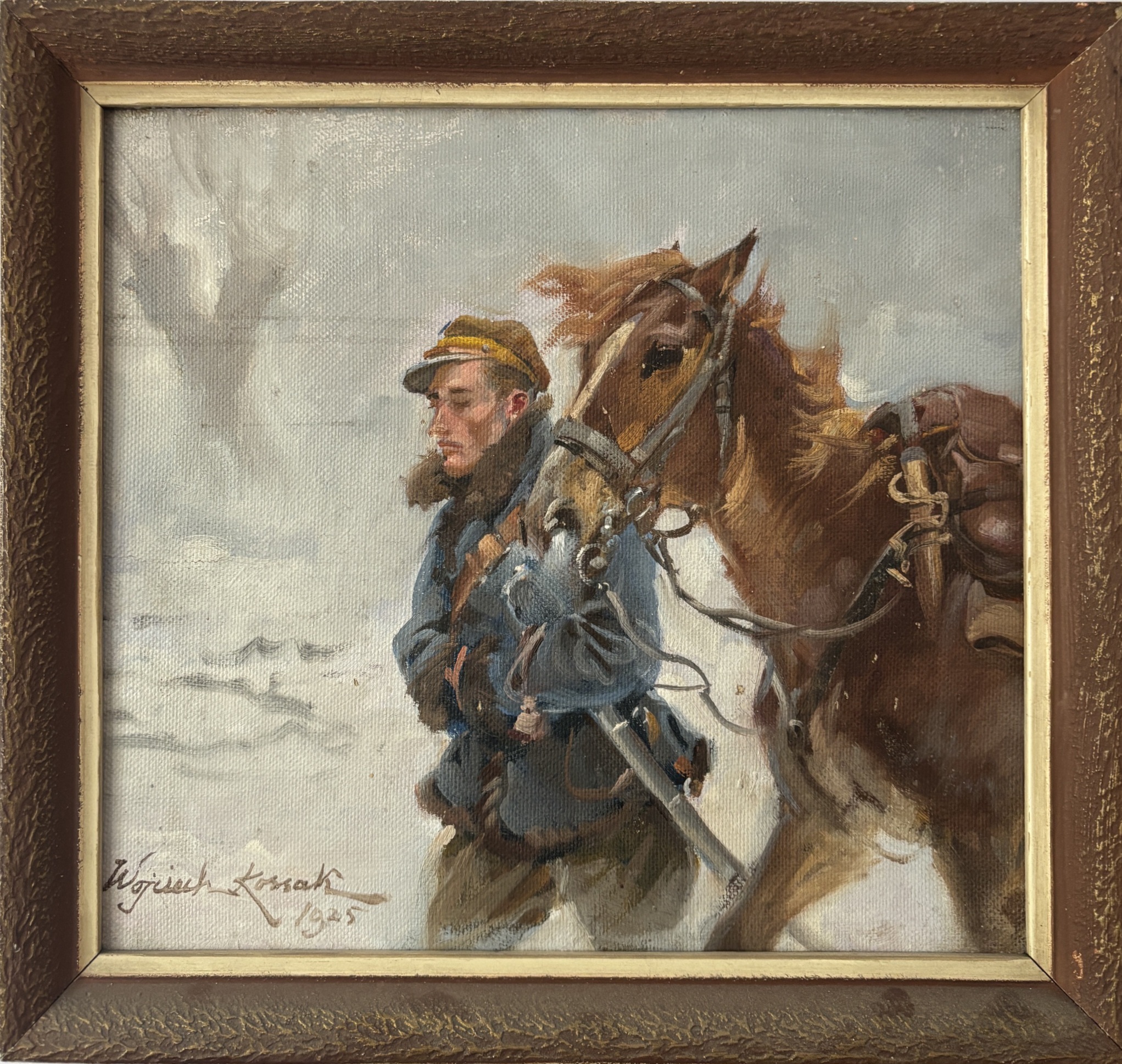 WOJCIECH KOSSAK 'Ułan z koniem, 1925' olej, płótno naklejone na papierze, 27x31cm