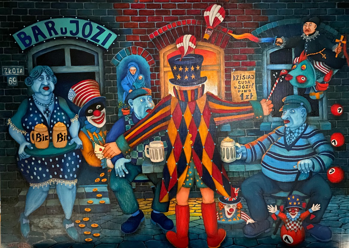 JACEK LIPOWCZAN 'Cuda! Cuda w Barze u Józi....!', olej, deska, 55x75cm