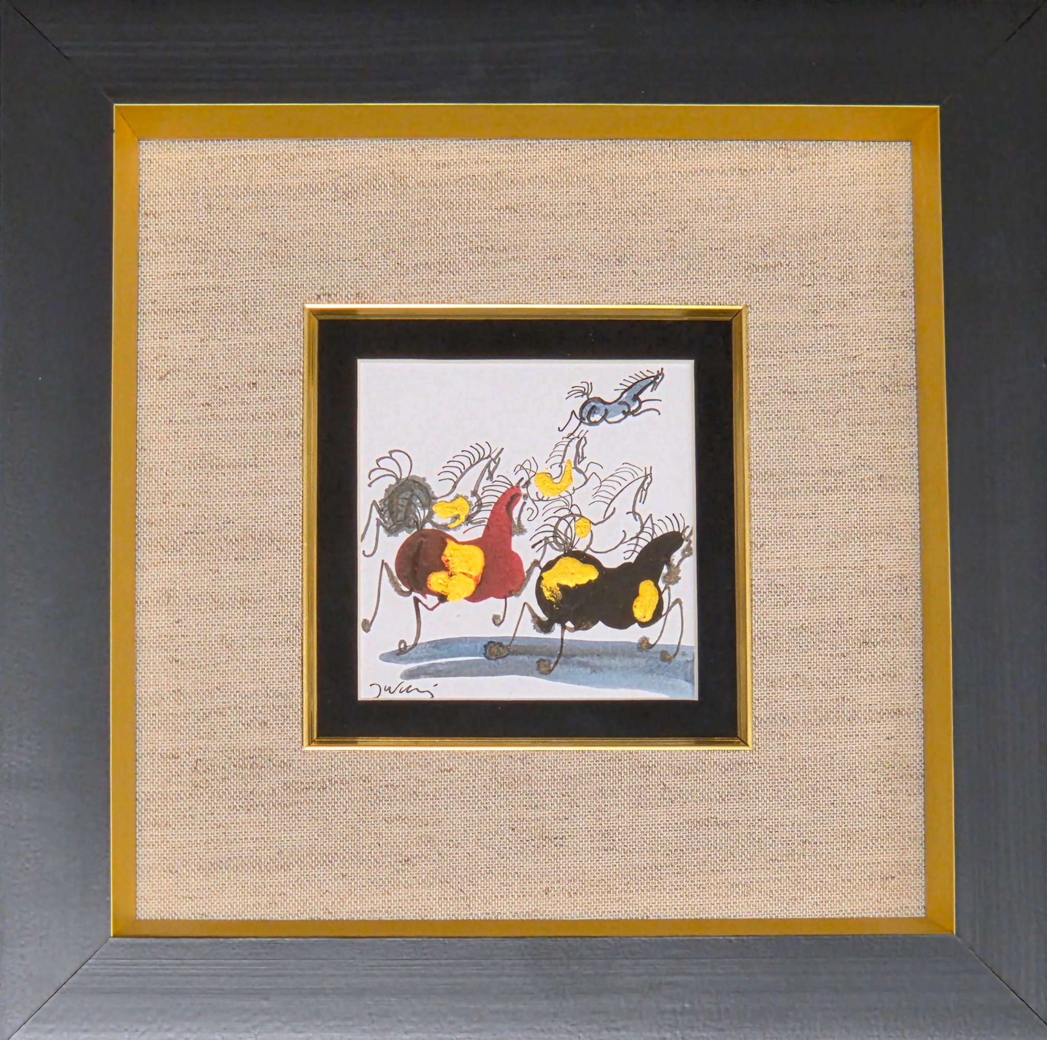 JÓZEF WILKOŃ 'Koniki w sztafecie', technika własna, 10,5x10cm