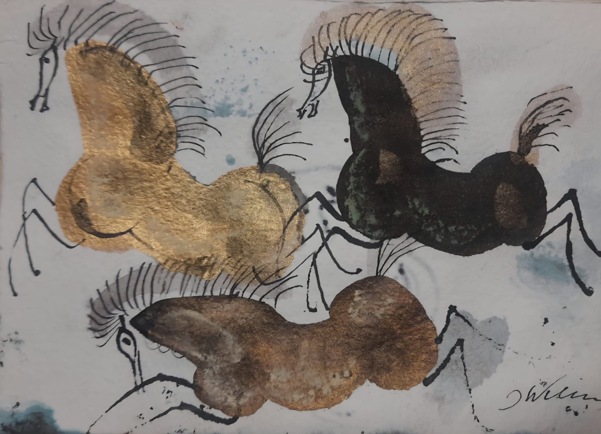 JÓZEF WILKOŃ 'Posągowe rumaki', technika własna, 15x21cm