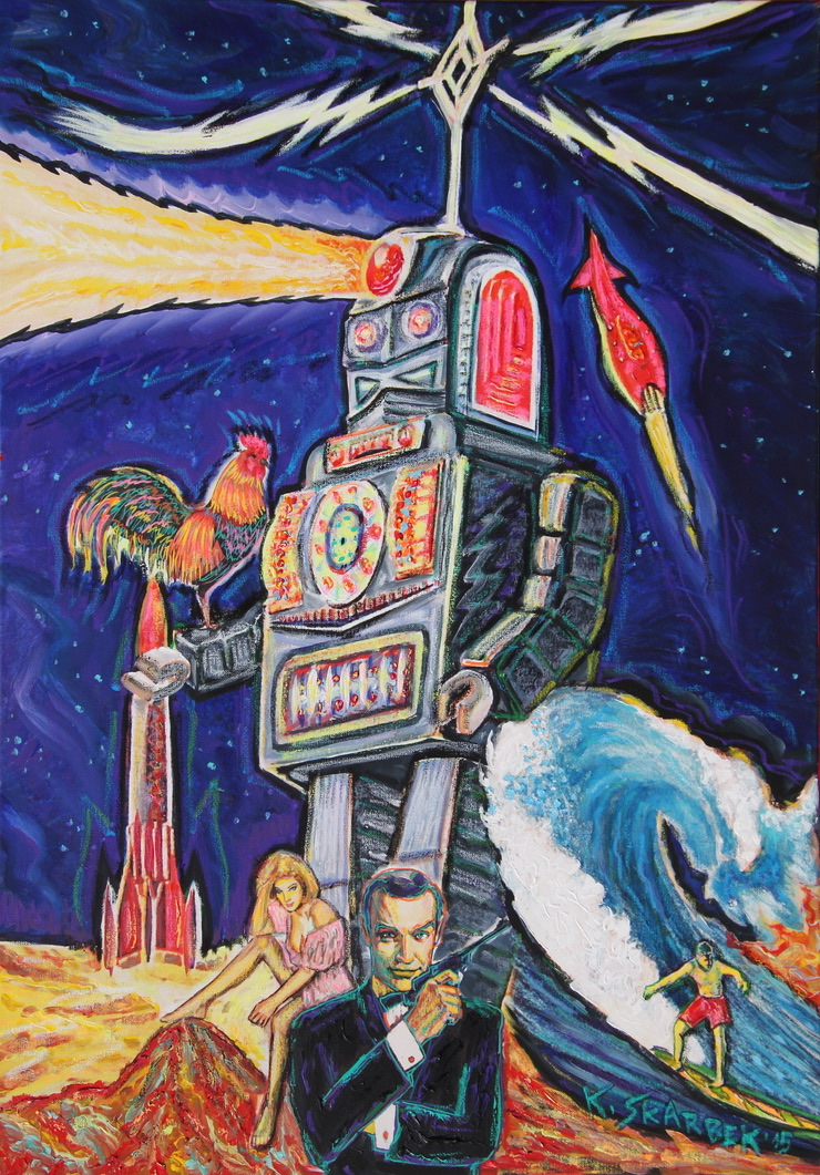 KRZYSZTOF SKARBEK 'Kosmiczny robot oświetla zaproszonym gościom przestrzeń do rekreacji,', 2015, technika mieszana na płótnie, 100x70cm