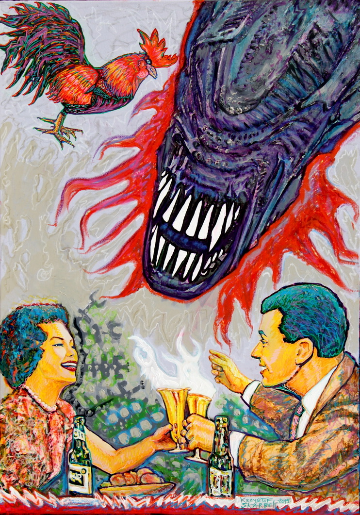KRZYSZTOF SKARBEK 'Obcy uśmiecha się do pary, wznoszącej toast', 2015, technika mieszana na płótnie, 100x70cm