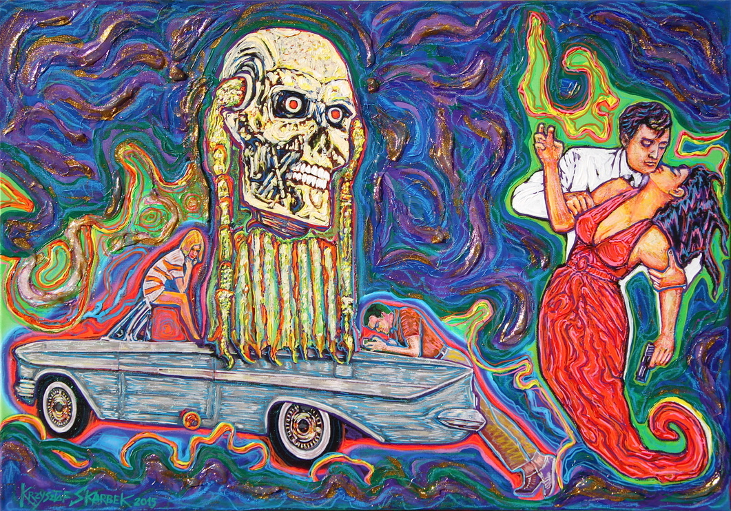 KRZYSZTOF SKARBEK 'Uroczysta czaszka terminatora w naszym aucie płynącym na niespokojnych falach, wycisza gwałtowne emocje', 2016, technika mieszana na płótnie, 70x100cm