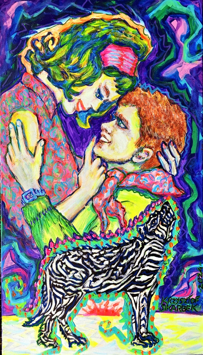 KRZYSZTOF SKARBEK 'Miłość i wierny Wilk', 2024, technika mieszana na płótnie, 70x40cm
