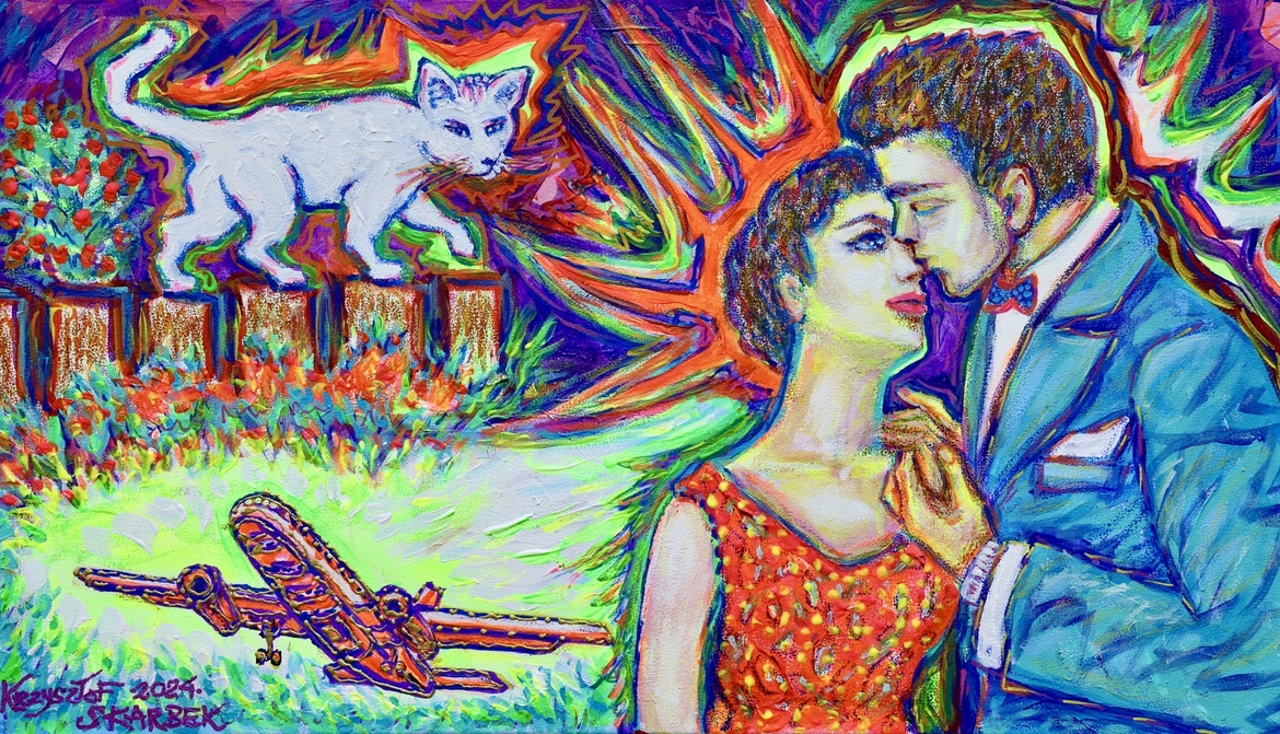 KRZYSZTOF SKARBEK 'Kot zadaje ważne pytanie', 2024, technika mieszana na płótnie, 40x70cm