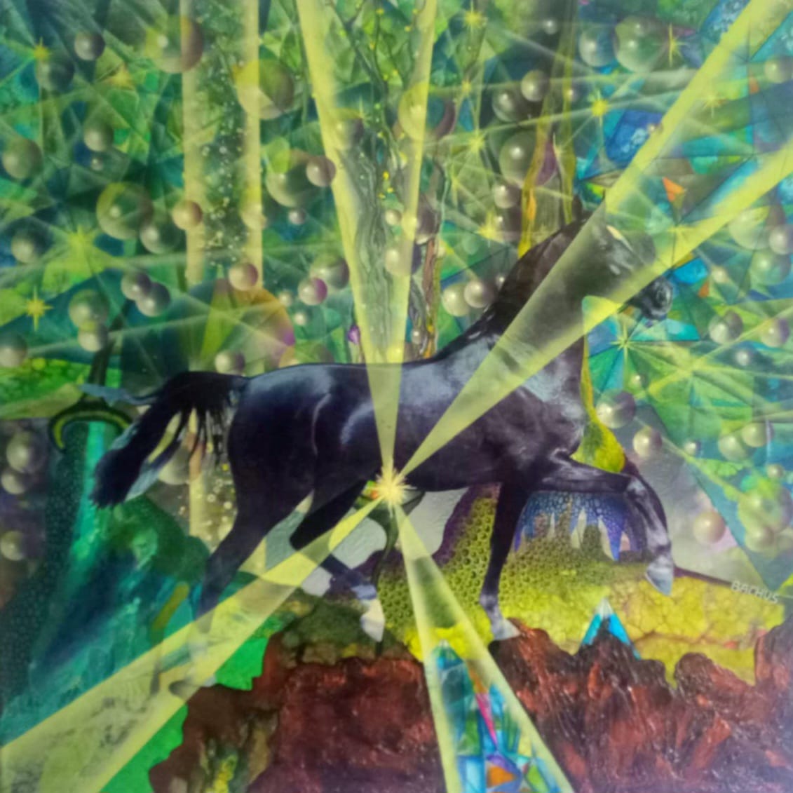 ZBIGNIEW BACHANEK 'Promień słońca' technika własna, collage, akryl, płótno lniane 100x100cm