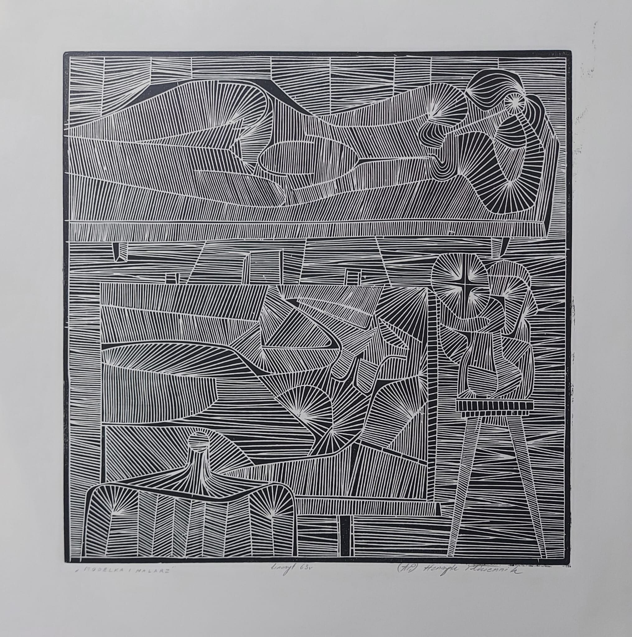 HENRYK PŁÓCIENNIK 'Modelka i Malarz' lata 60, linoryt, papier, 38,5x38,5cm