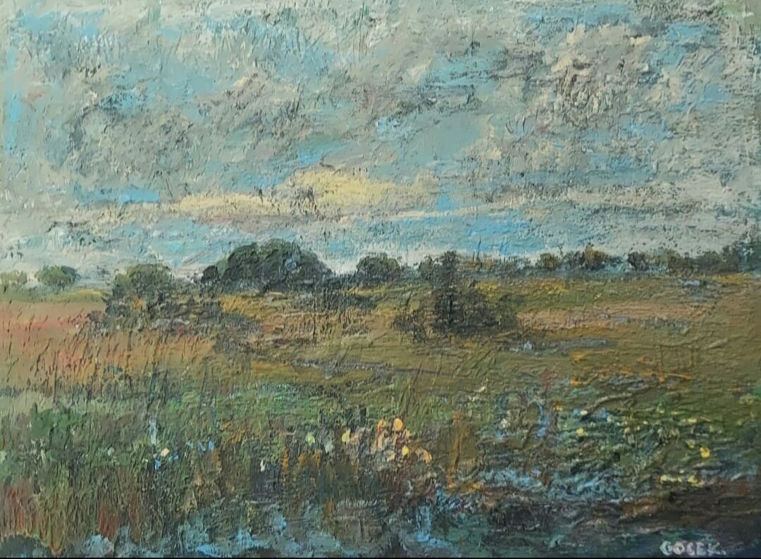 KRZYSZTOF GOCEK 'Rozlewisko' olej, akryl, płótno na płycie, 30x40cm