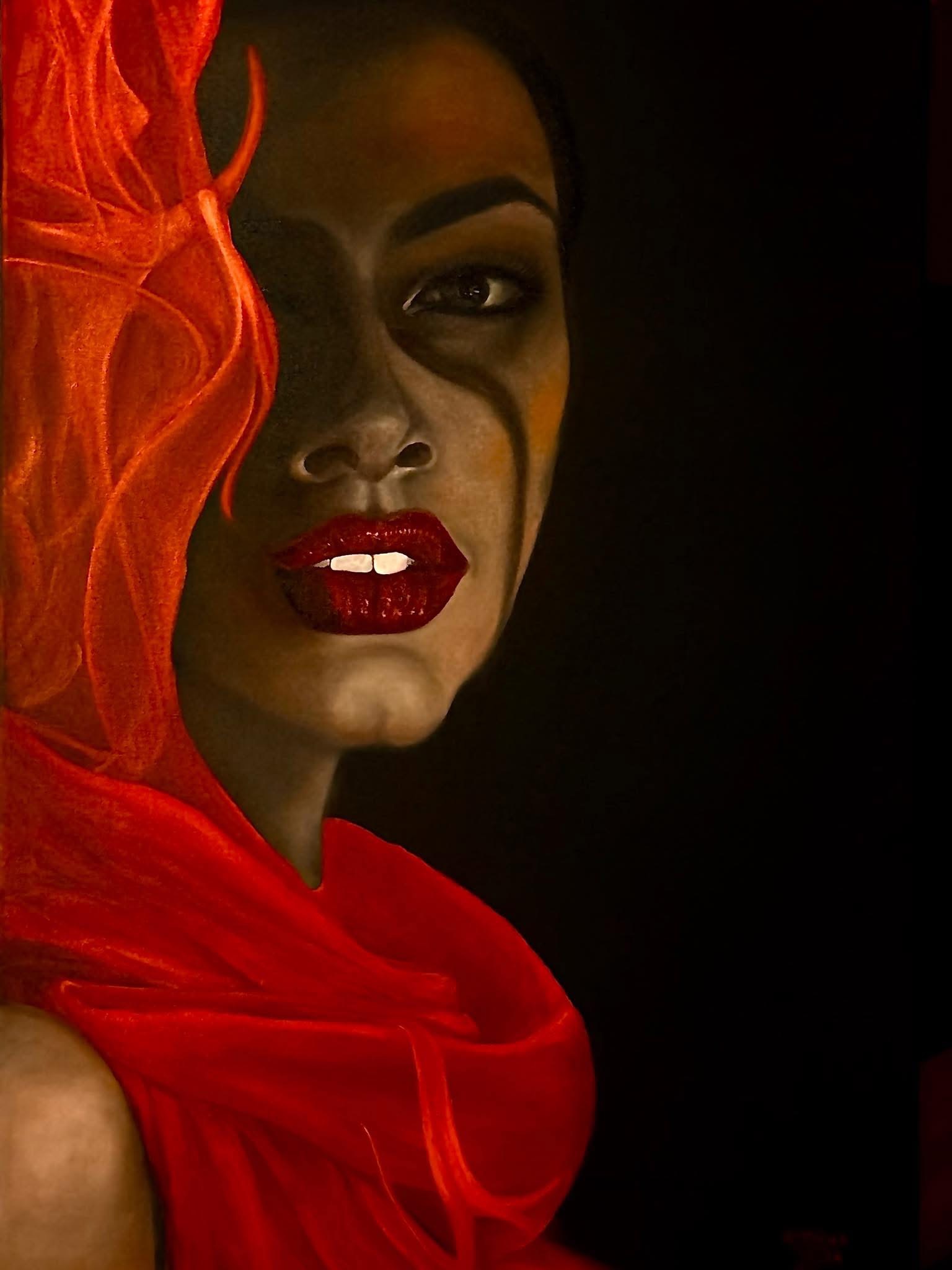 GRAŻYNA JEŻAK 'Kobieta w czerwieni' olej, płótno, 100x70cm