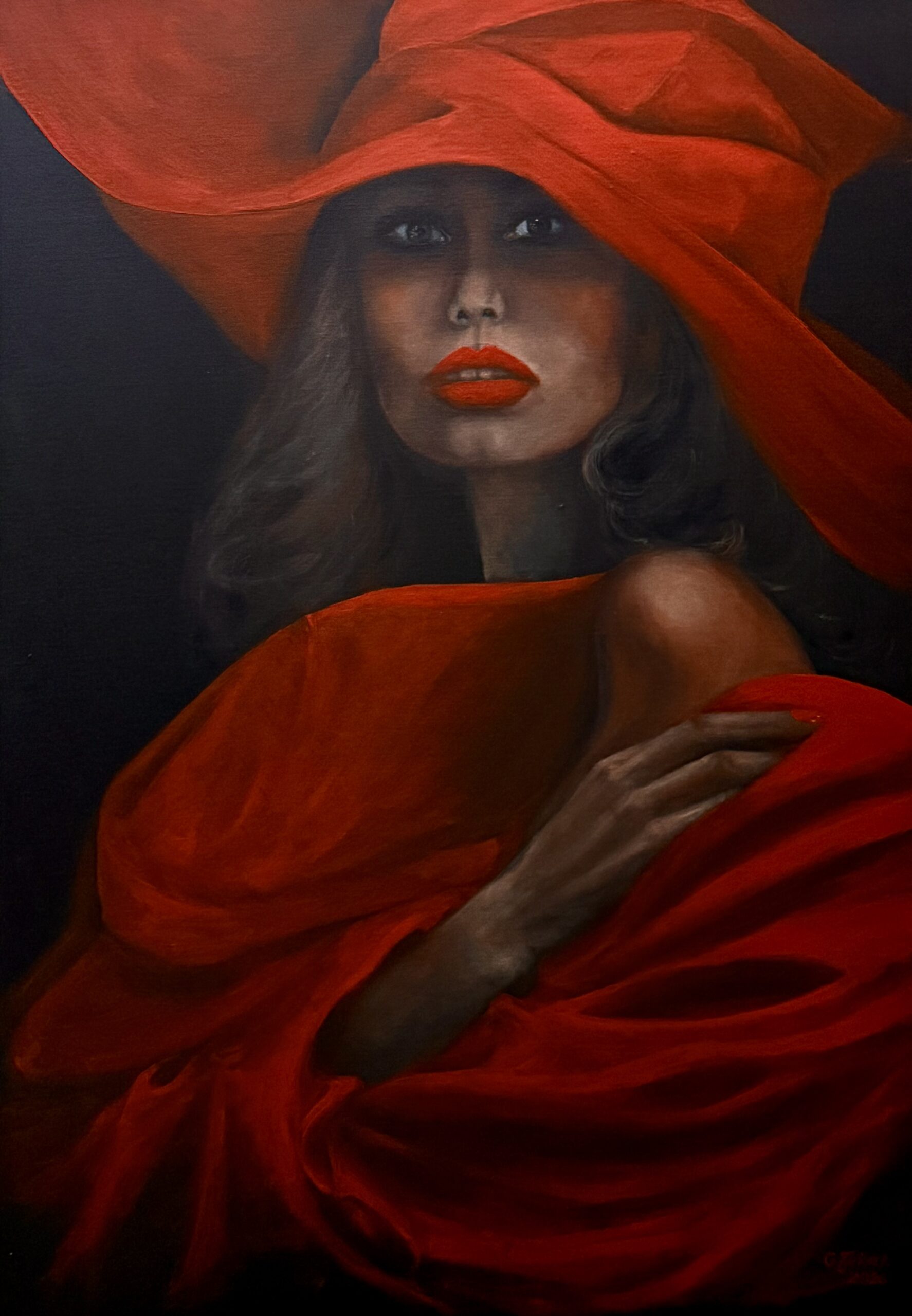 GRAŻYNA JEŻAK 'Kobieta w czerwonym kapeluszu' olej, płótno, 100x70cm