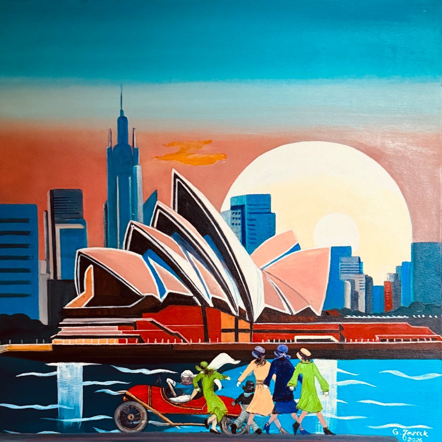 GRAŻYNA JEŻAK 'Niezwykłe spotkanie w Sydney' olej, płótno, 50x50cm