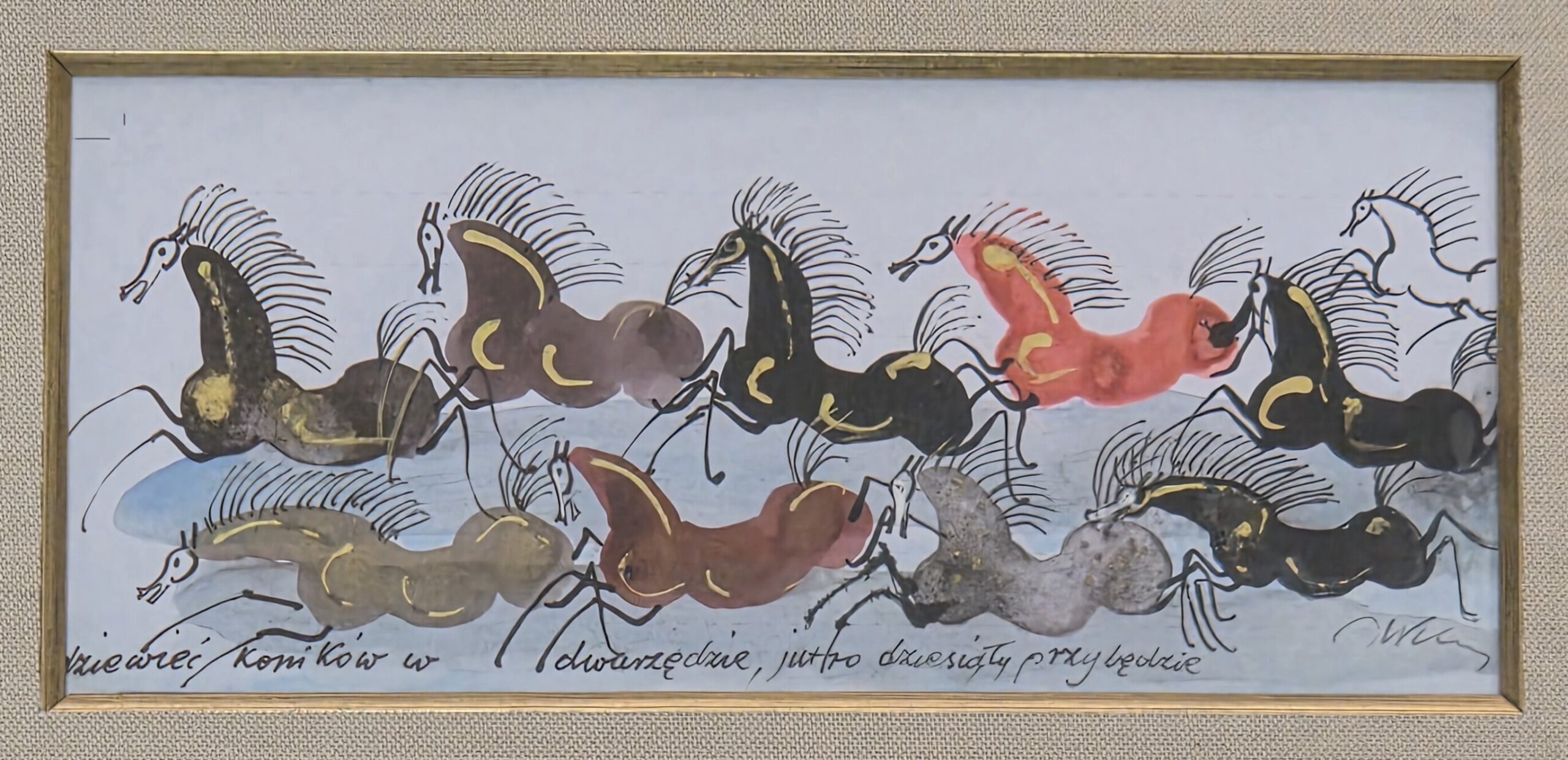 JÓZEF WILKOŃ 'Dziewięć koników', technika własna, 9,5x21,5cm