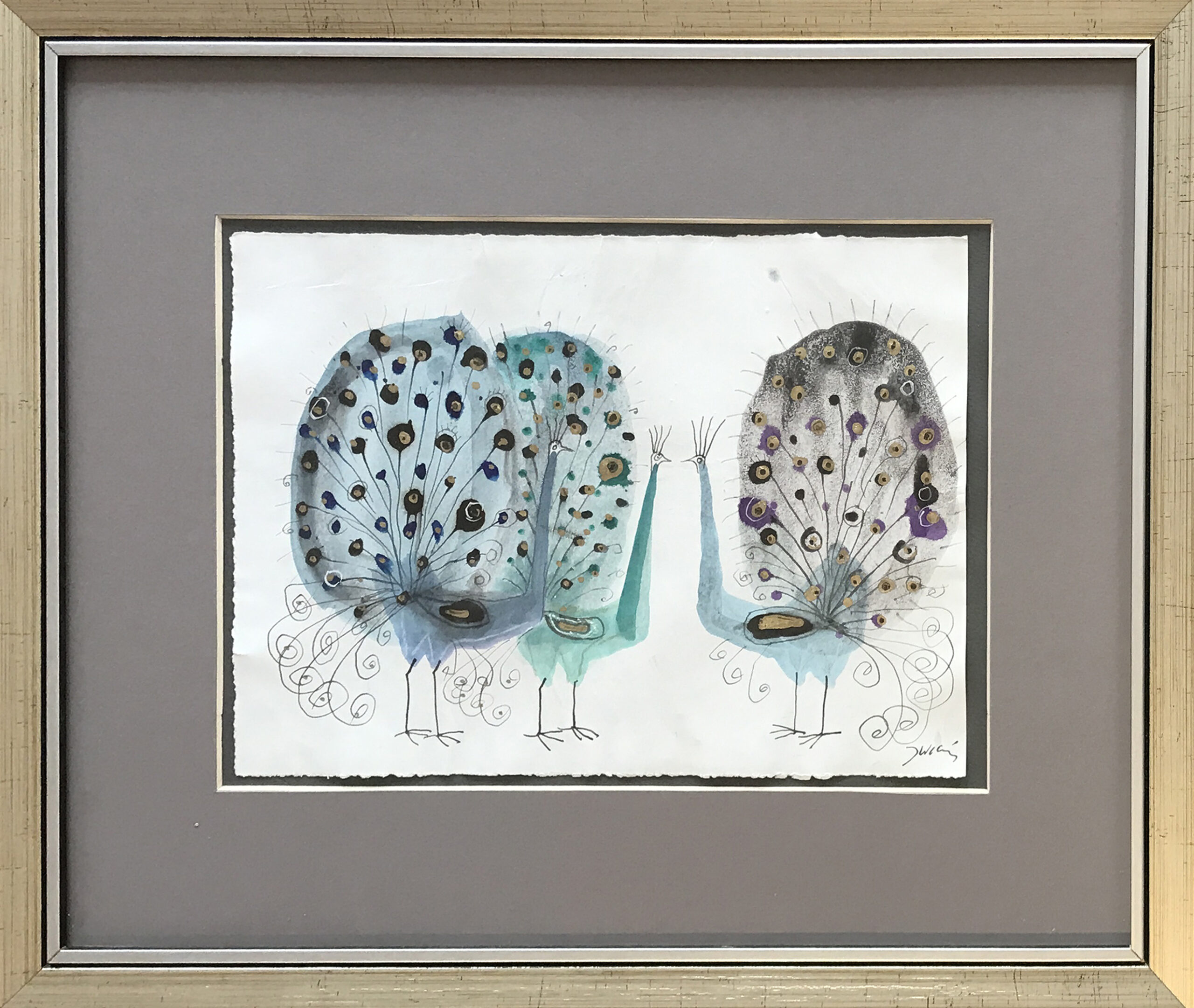 JÓZEF WILKOŃ 'Pawie Trio', technika własna, 21x30cm