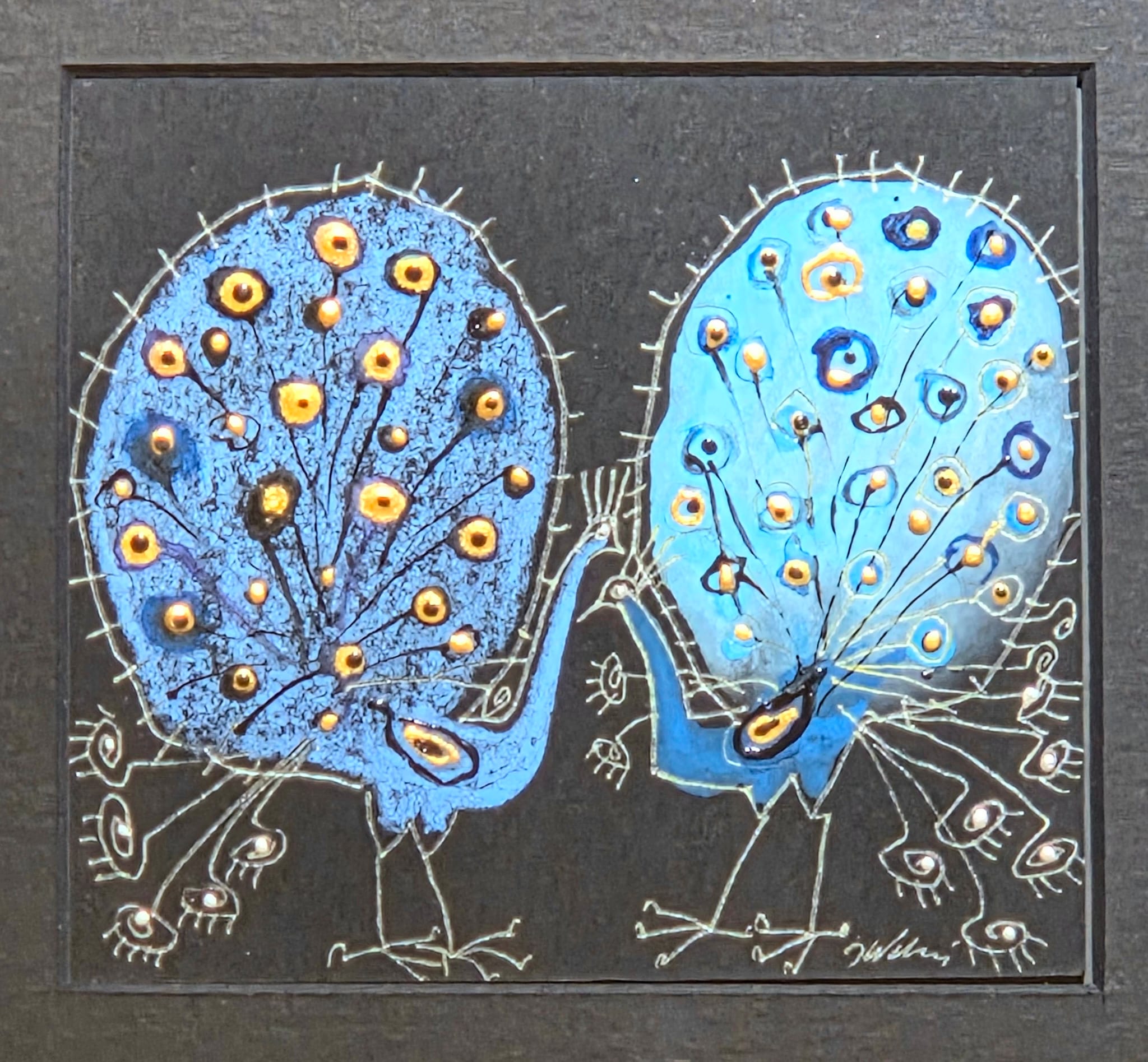 JÓZEF WILKOŃ 'Pawie dwa', technika własna, karton, 10,5x12cm