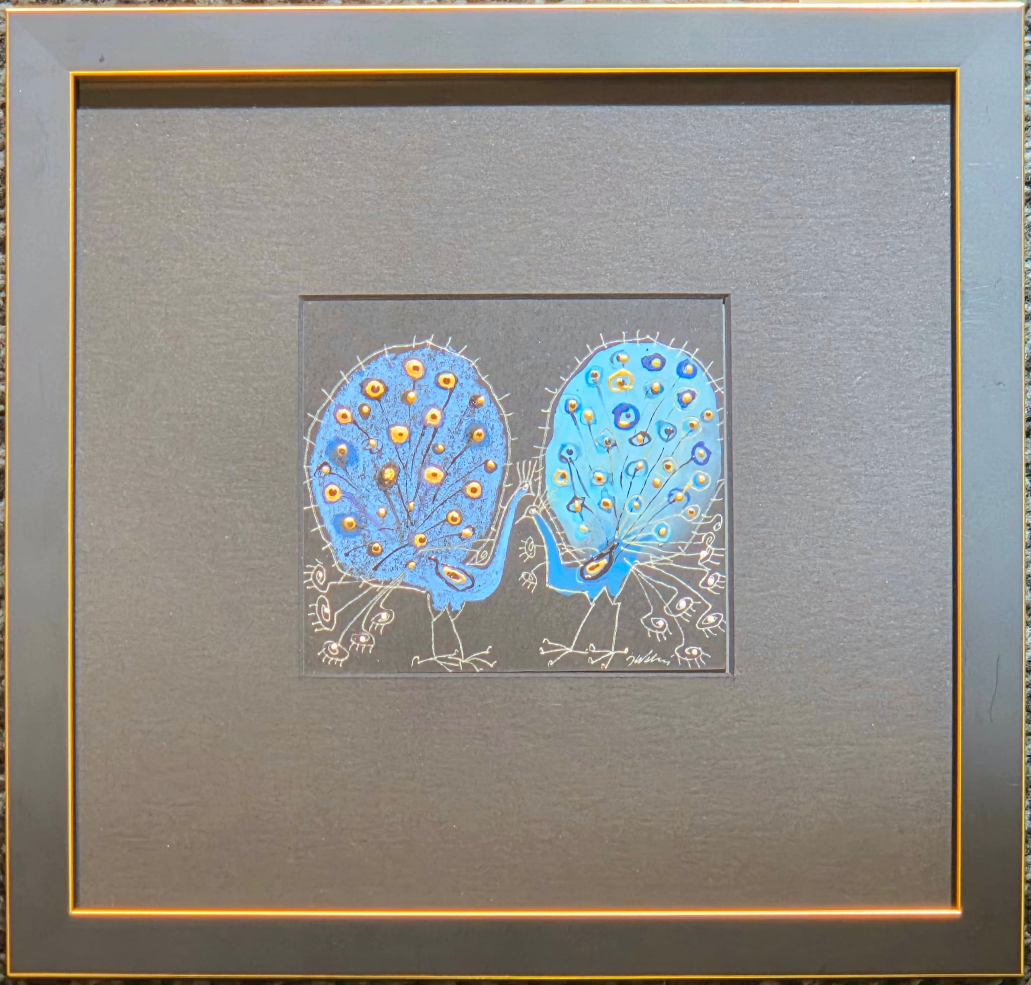 JÓZEF WILKOŃ 'Pawie dwa', technika własna, karton, 10,5x12cm - obrazek 2