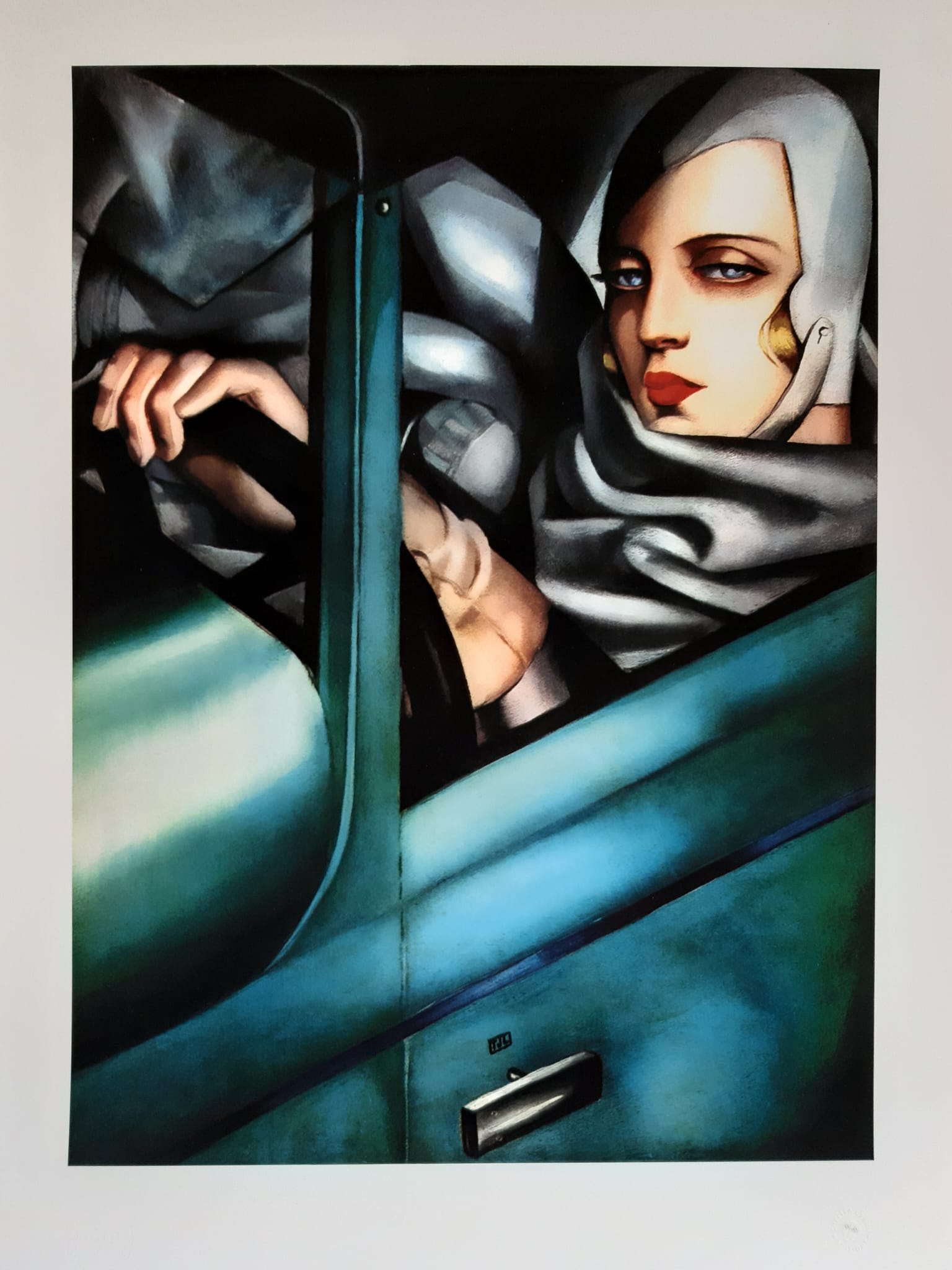 TAMARA DE LEMPICKA 'Autoportret w zielonym Bugatti' gouttelette, papier, 58x43cm