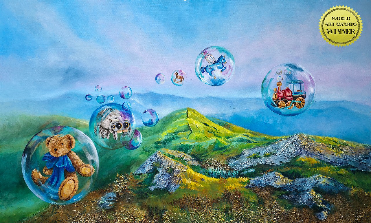 URSZULA ŚWITAJ 'Dziecięce marzenia', olej, płótno, 60x100cm (Obraz zajął 1 miejsce  w międzynarodowym konkursie World Art Awards 2026, w kategorii nr 40 Surrealism)