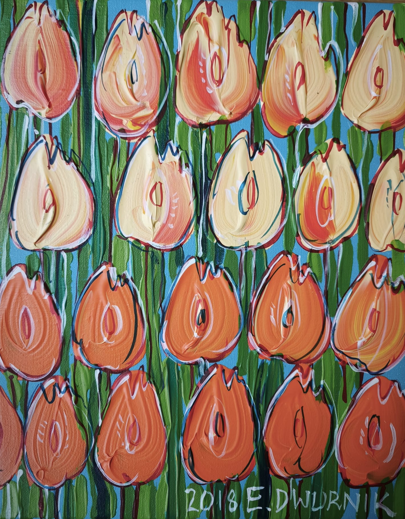 EDWARD DWURNIK 'Pomarańczowe Tulipany' 2018, akryl, płótno, 40x30cm