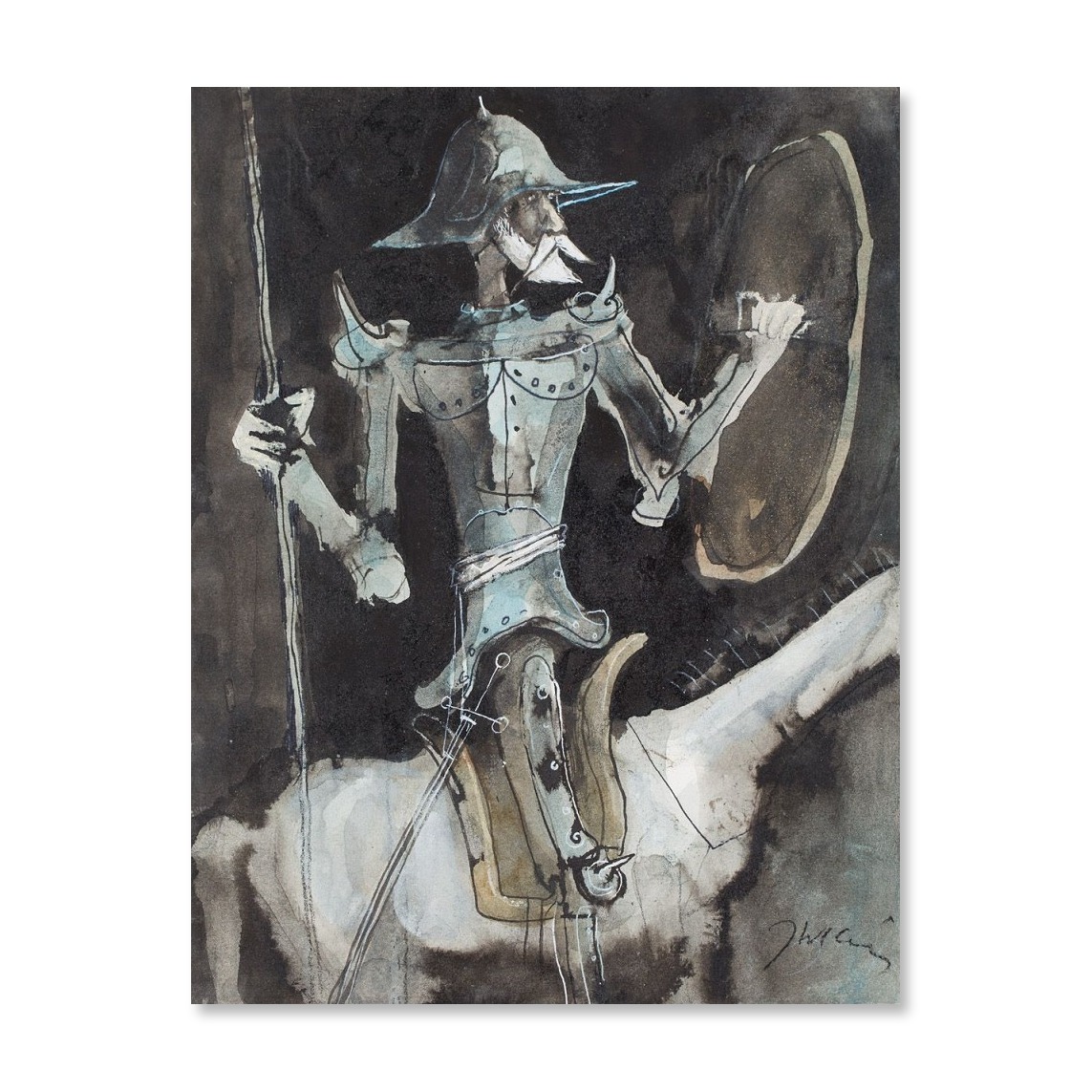 JÓZEF WILKOŃ 'Don Kichot' katalogowany, technika własna, gwasz, tusz, akryl, papier 52x33cm