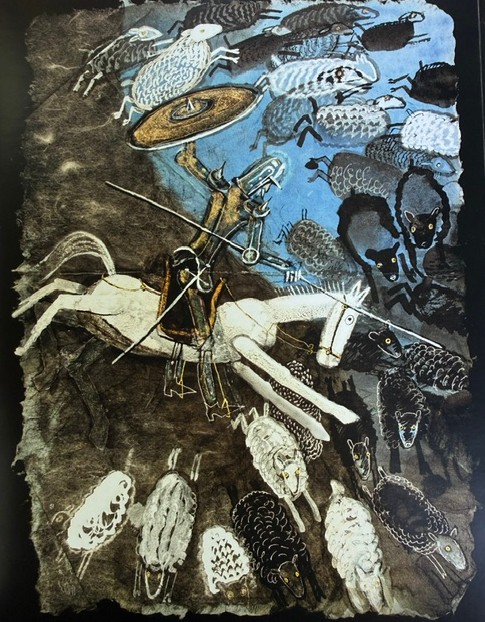 JÓZEF WILKOŃ 'Don Kichot' katalogowany, technika własna, gwasz, tusz, akryl, papier 48x35cm