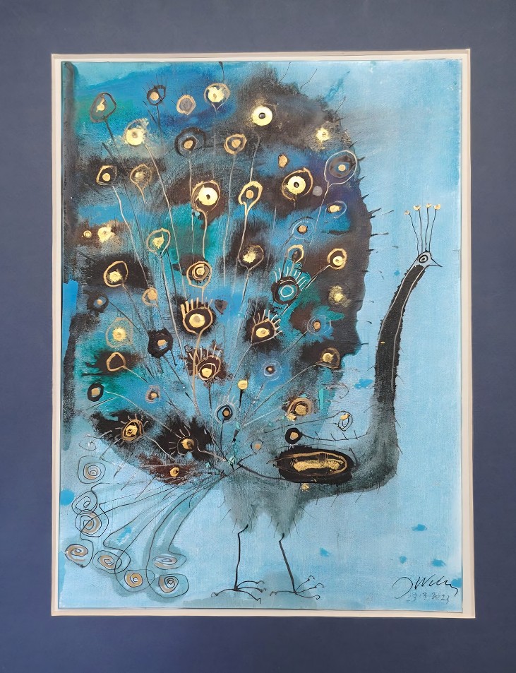 JÓZEF WILKOŃ 'Paw w złote kropki' technika własna, 35x25cm