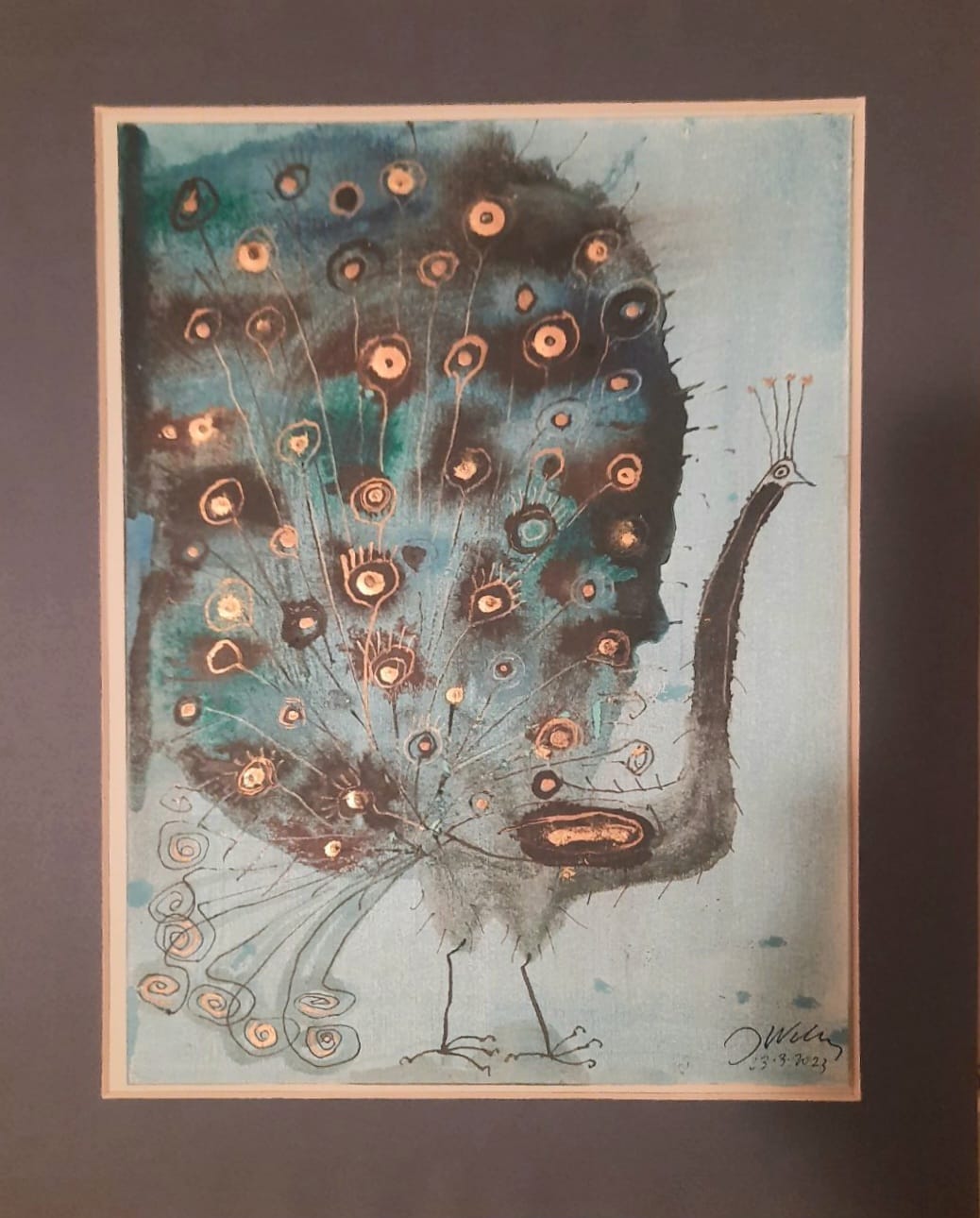 JÓZEF WILKOŃ 'Paw w złote kropki' technika własna, 35x25cm