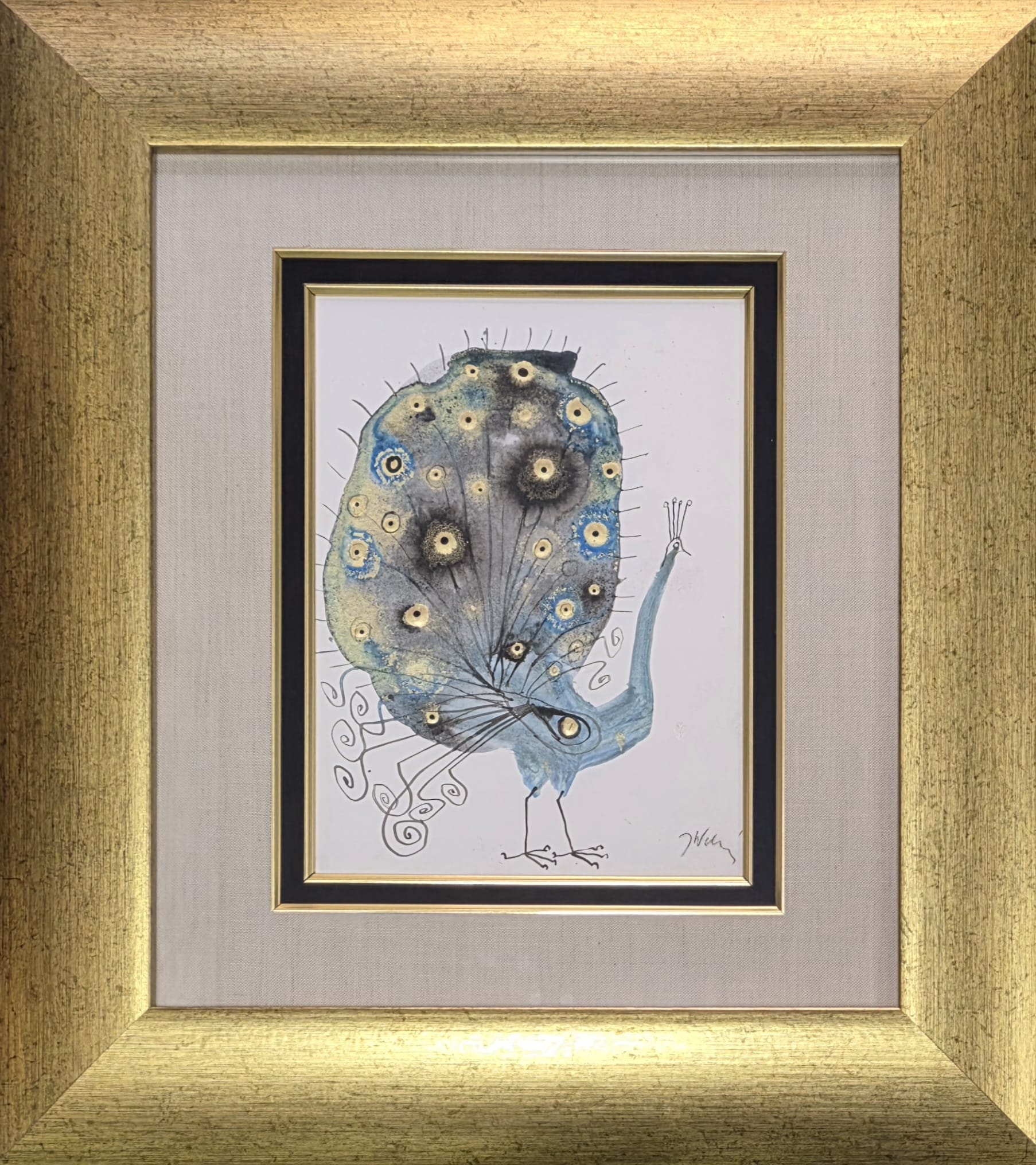 JÓZEF WILKOŃ 'Paw z rozkwieconym ogonem' technika własna, 27x20cm