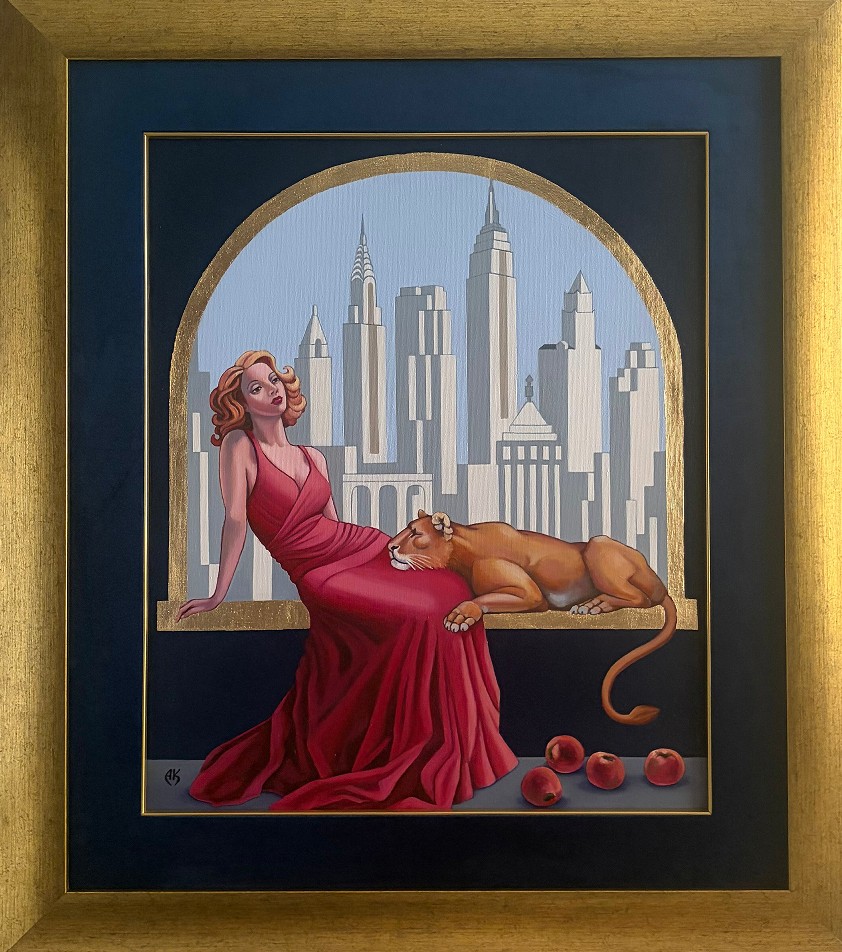 ANNA KONIKOWSKA 'OKNO NA MANHATTAN', olej, szlagmetal, płótno, 60x50cm