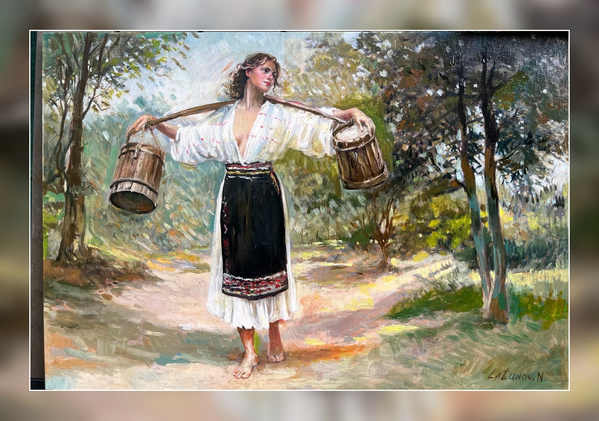 NICOLAE LATUNOV 'Dziewczyna z nosidłem', olej na płótnie, 60x50cm