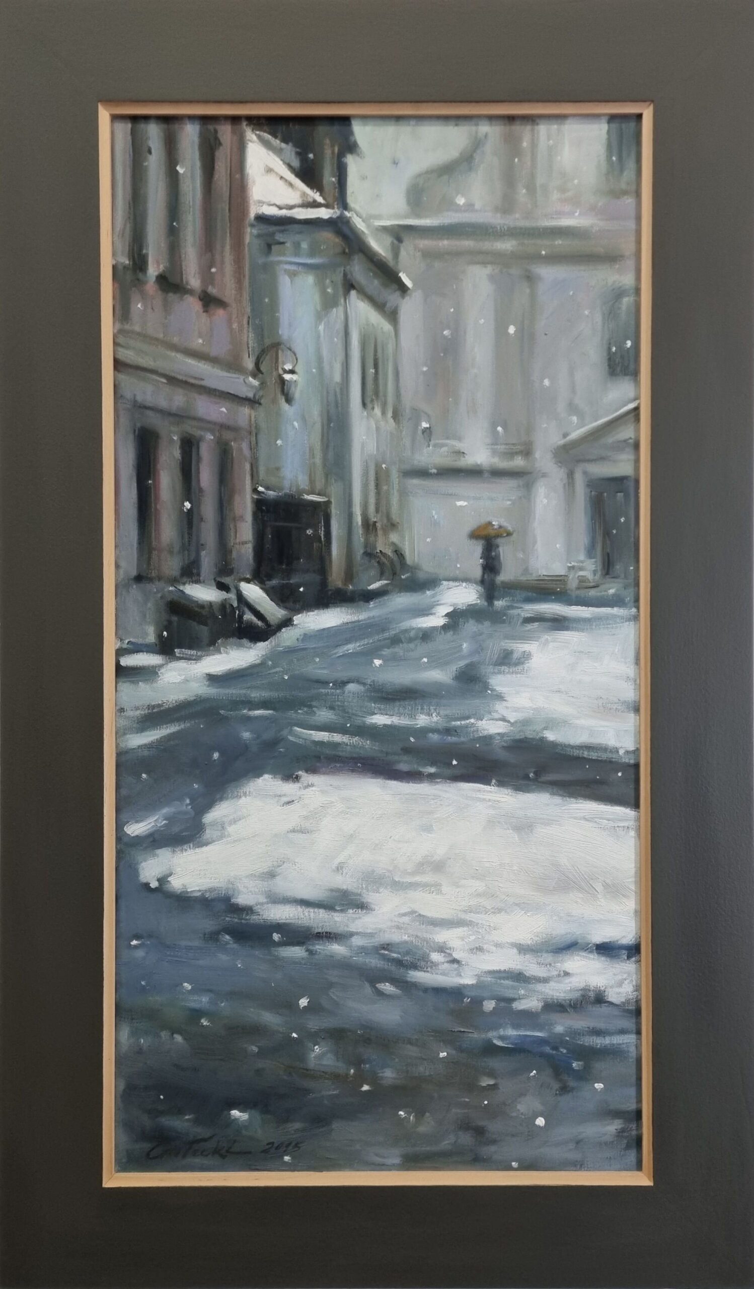 RAJMUND GAŁECKI 'Przed św. Benonem, z cyklu "Zima na Nowym Mieście"' akryl, płótno, 80x40cm