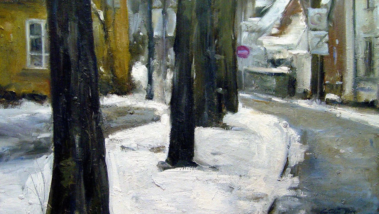 RAJMUND GAŁECKI 'Zima na Nowym mieście II' 2013, olej na płycie, 70x120cm