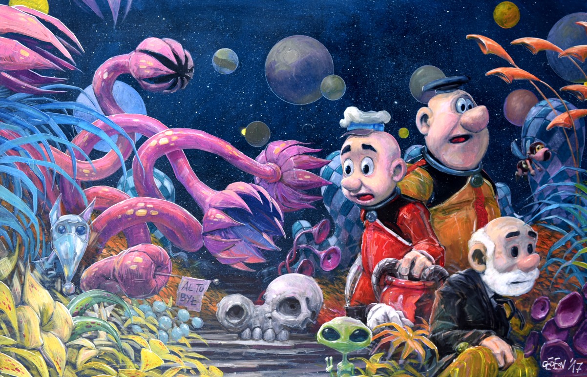 DANIEL GRZESZKIEWICZ 'Kajtek i Koko w kosmosie' akryl, płótno, 70x110cm