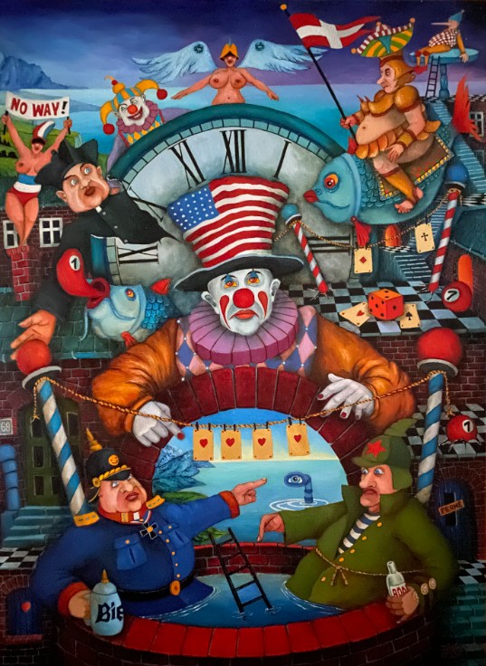 JACEK LIPOWCZAN 'Witamy w CYRKU !', olej, deska, 55x75cm