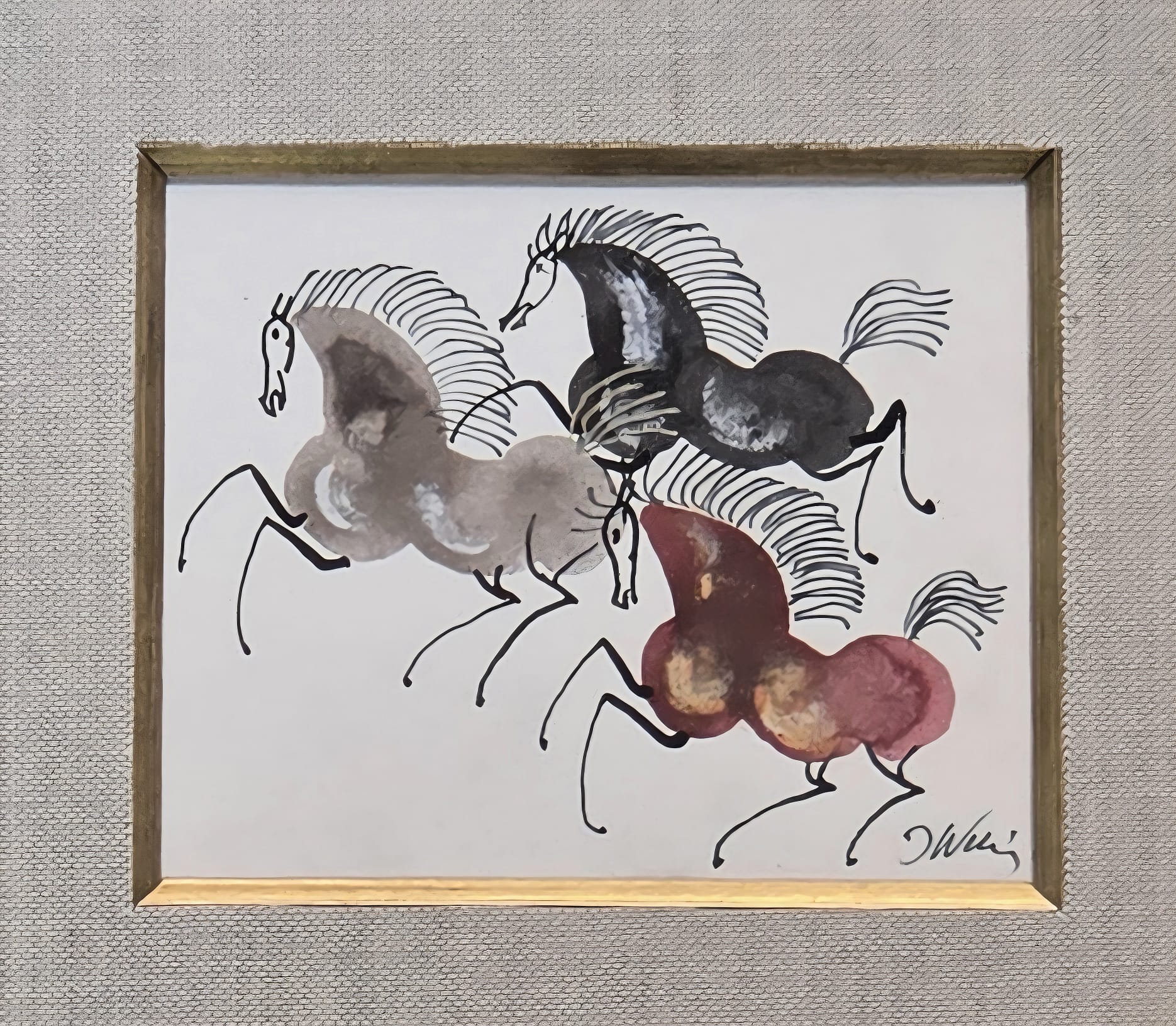 JÓZEF WILKOŃ 'Trzy koniki' technika własna, 10,5x8,5cm