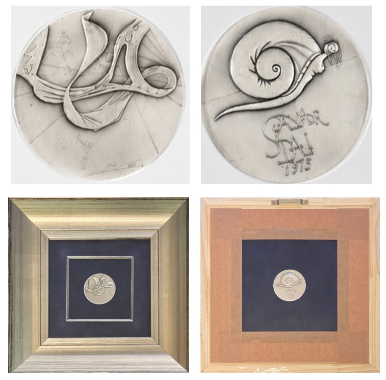 SALVADOR DALI 'Srebrny dwustronny medal' z serii 10 przykazań, średnica 5cm, w oprawie 29x29cm