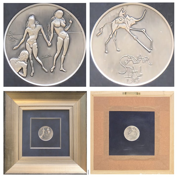 SALVADOR DALI 'Srebrny dwustronny medal' z serii 10 przykazań, średnica 5cm, w oprawie 29x29cm