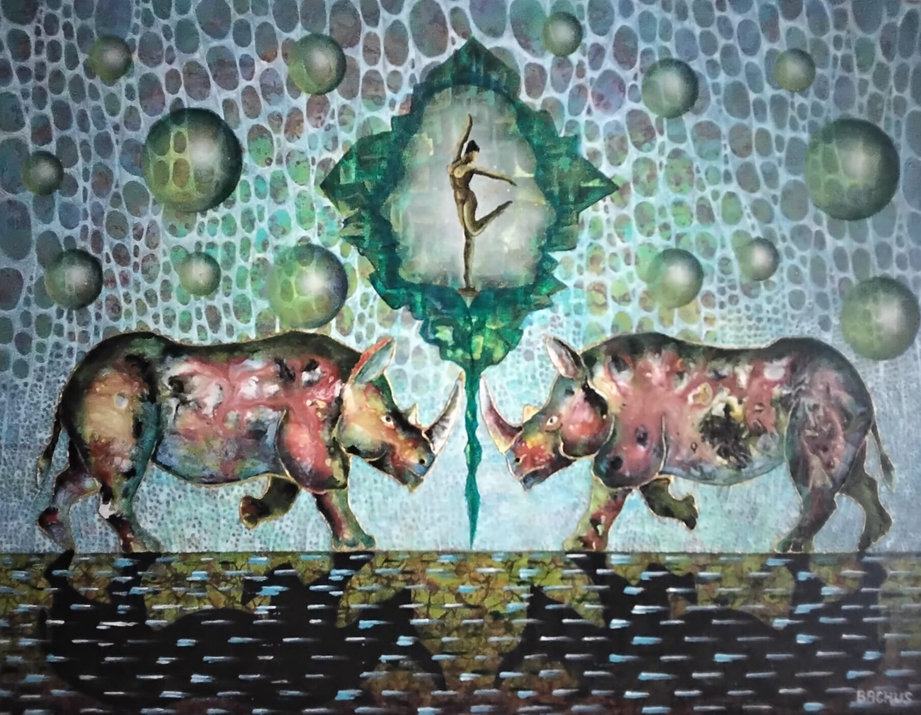 ZBIGNIEW BACHANEK 'Taniec z nosorożcami' akryl, płótno lniane 60x90cm