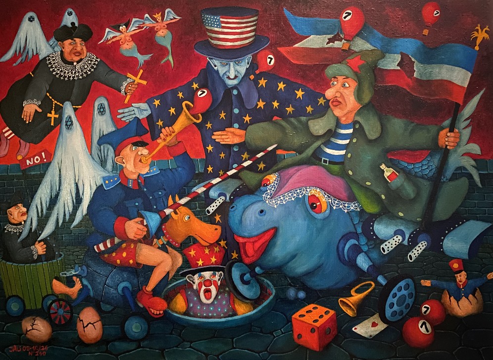 JACEK LIPOWCZAN 'Lepiej do Cyrku, niż na wojenkę', olej, deska, 55x75cm