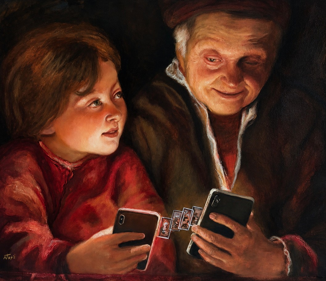 JOSÉ CABRERA 'Współczesność w świetle Rembrandta', olej na płótnie, 40x50cm