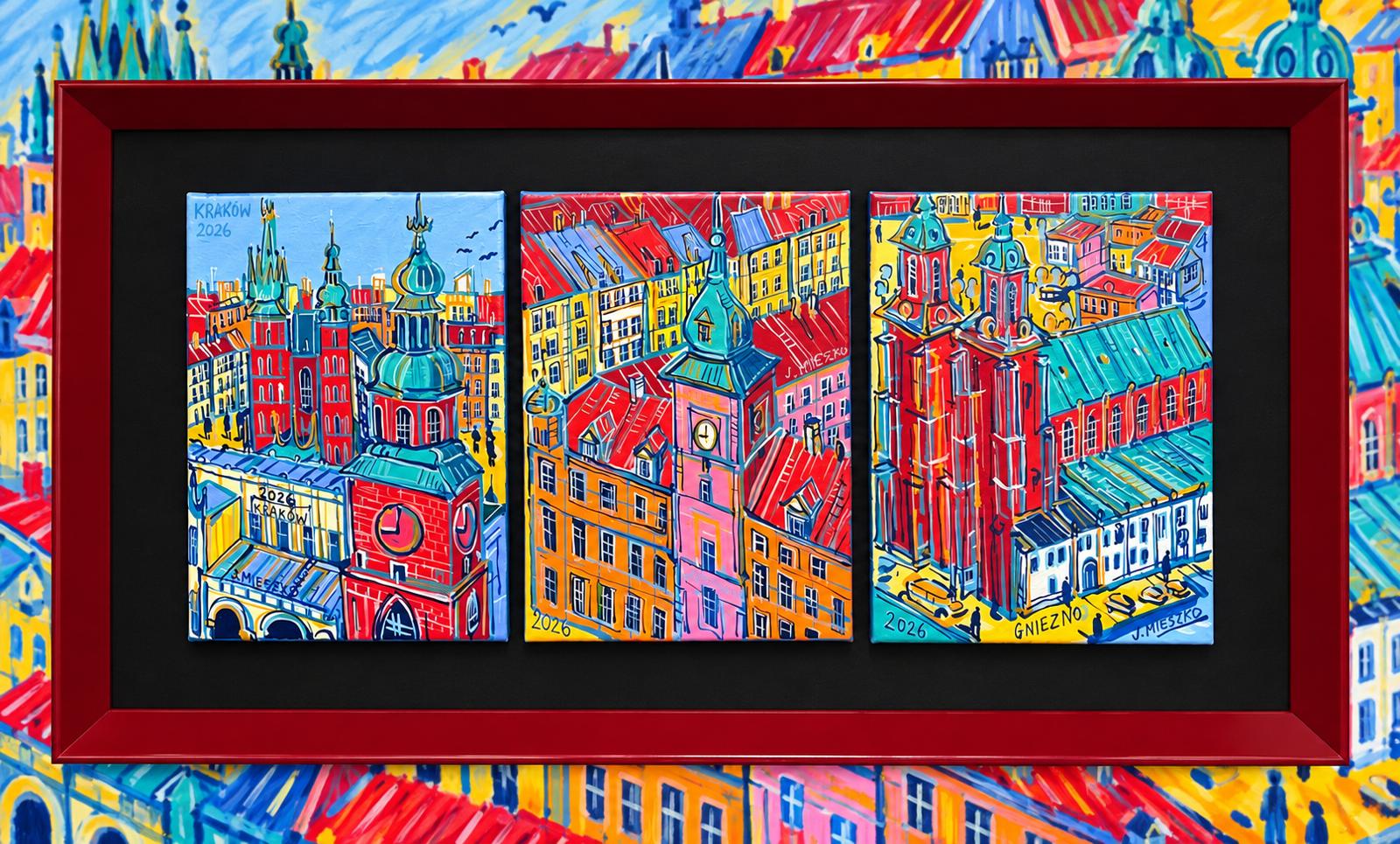 JOANNA MIESZKO 'Stolice Polski: Warszawa Kraków, Gniezno',  akryl, płótno, 3* 33x24cm