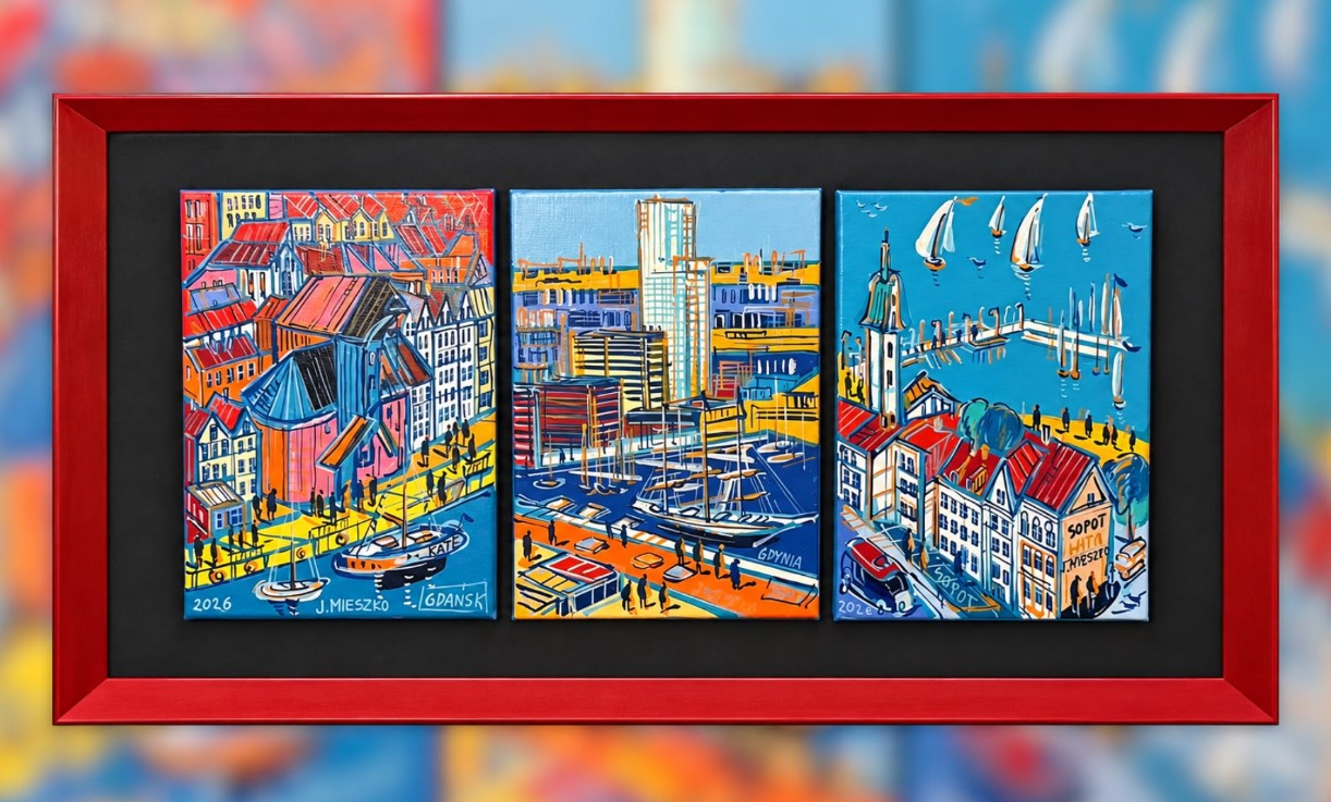 JOANNA MIESZKO 'Trójmiasto: Gdańsk, Gdynia, Sopot',  akryl, płótno, 3* 33x24cm